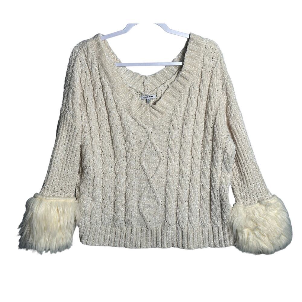 Fashion Nova Sz‎ Small Fur Cuff V-Neck Pullover Cable Knit Sweater Cream Soft